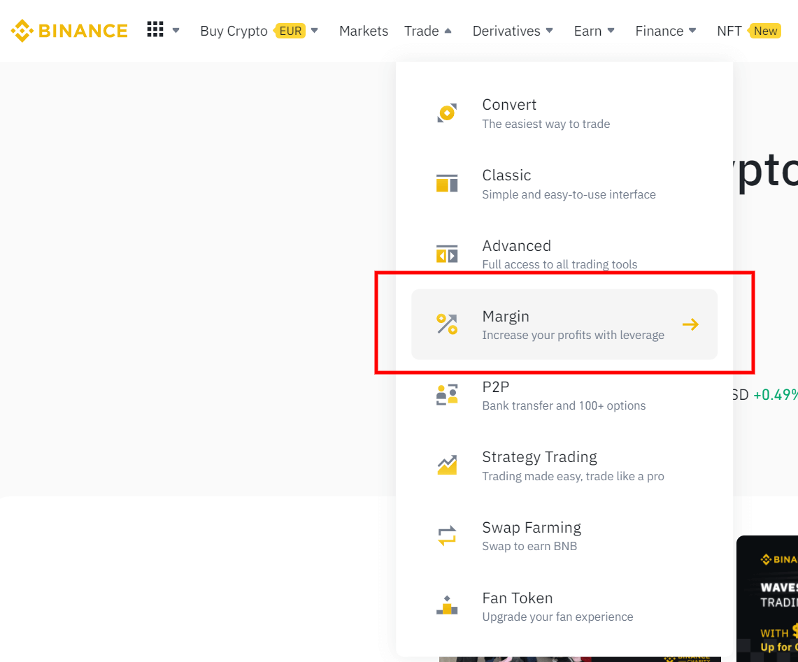 Sélectionner Binance Margin dans le menu pour commencer à trader