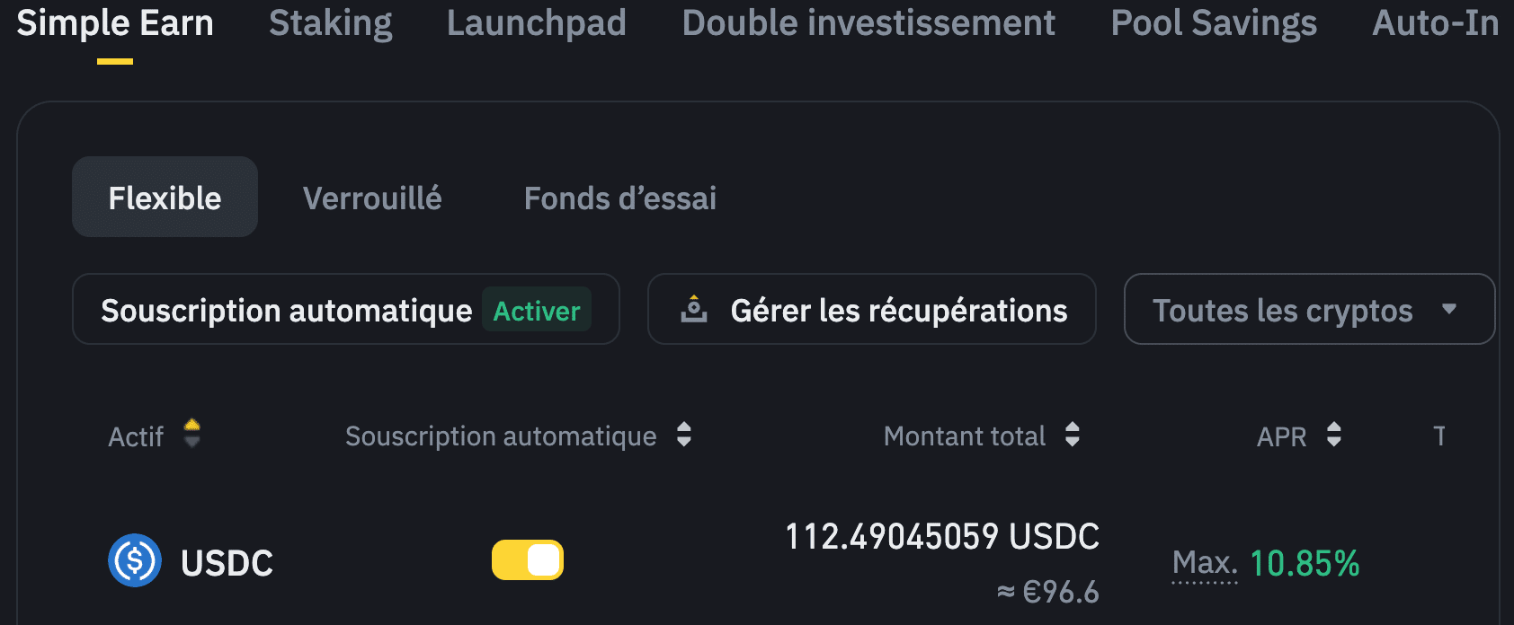 En investissant aujourd'hui 100€ sur Binance en Simple Earn, vous aurez environ 112 USDC à faire fructifier à un rendement flexible de 10,85%