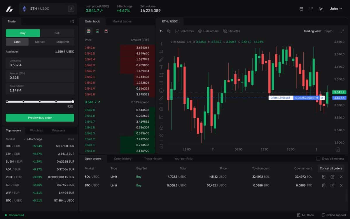 Aperçu de l'interface Bitvavo Pro, capture du site officiel de la plateforme