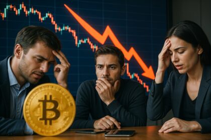 Illustration montrant un bitcoin en baisse, avec graphique et investisseurs inquiets