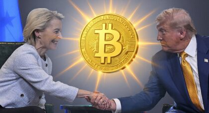 Poignée de main historique entre Ursula von Der Leyen et Donald Trump scellant un accord commercial sur les droits de douane américains fixés à 15%
