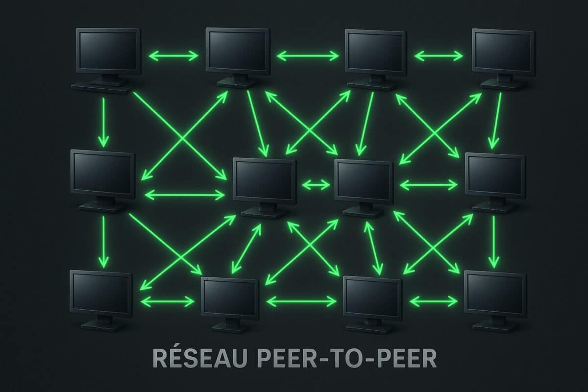 Exemple d’un réseau blockchain, chaque nœud participant au consensus global.