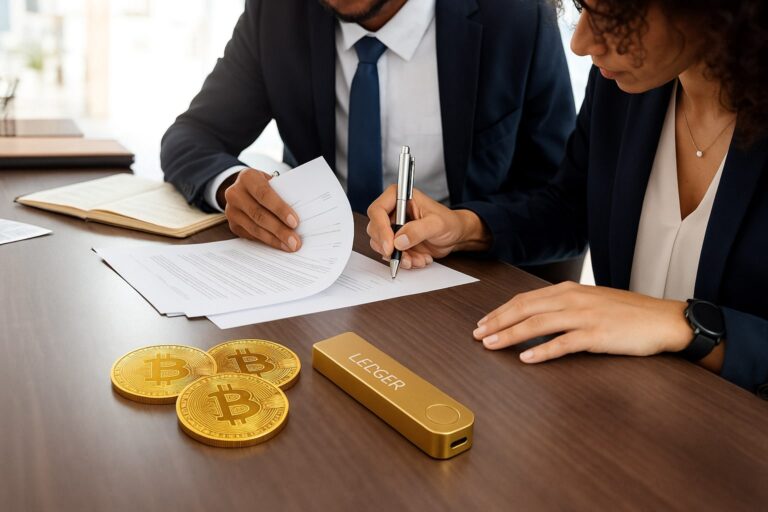 Deux personnes signent des documents de succession sur un bureau, à côté de pièces symboliques de bitcoin et d’un portefeuille Ledger, illustrant la transmission de crypto-actifs.