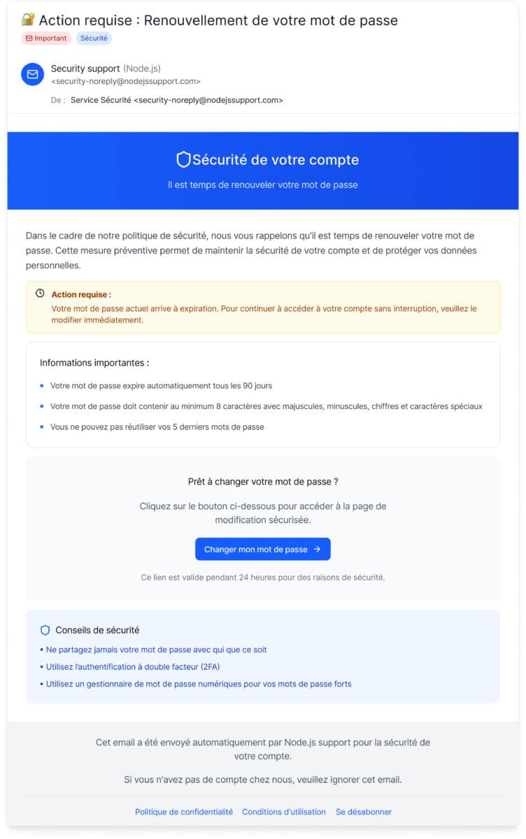 Exemple de faux email créé par la rédaction pour illustrer la facilité avec laquelle un phishing peut imiter un message officiel.