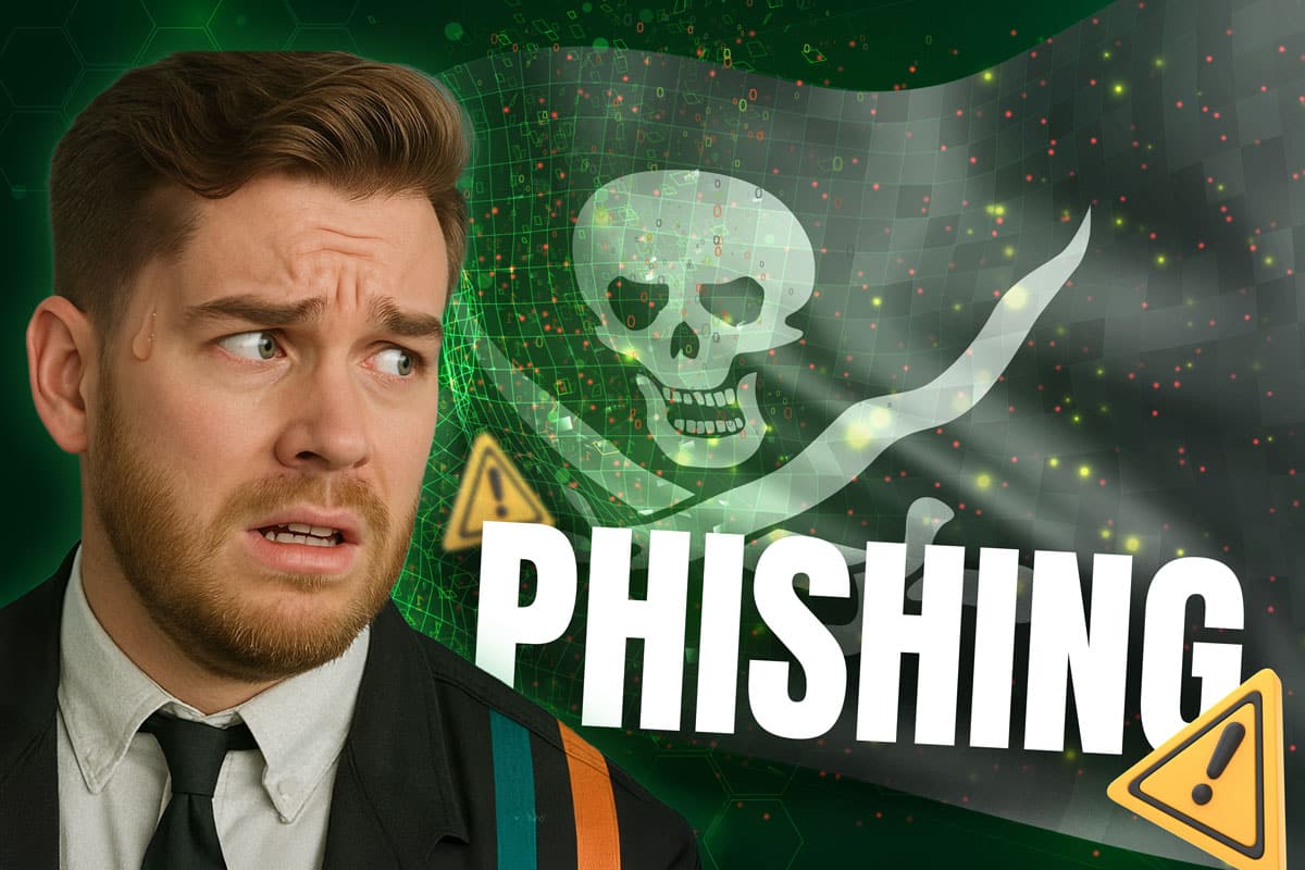 Illustration d'un homme inquiet devant un drapeau de pirate numérique symbolisant une attaque de phishing