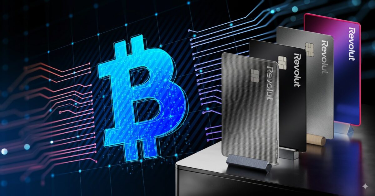 Illustration avec le logo Bitcoin entouré de circuits numériques et plusieurs cartes bancaires Revolut alignées
