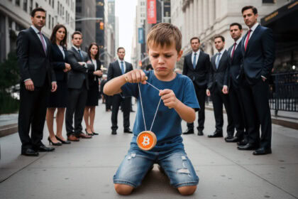 Crise financière crypto, garçon triste avec symbole bitcoin, conflit investissement cryptomonnaie, problématique réglementation crypto, tension marché crypto montrée par une communauté d'affaires, crise économique et crypto dollars, instabilité marché financier, enjeux et désillusions crypto monnaie.