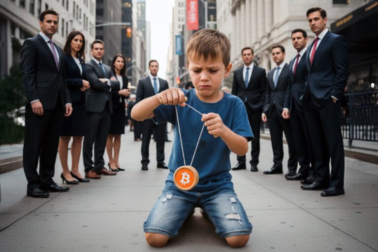 Crise financière crypto, garçon triste avec symbole bitcoin, conflit investissement cryptomonnaie, problématique réglementation crypto, tension marché crypto montrée par une communauté d'affaires, crise économique et crypto dollars, instabilité marché financier, enjeux et désillusions crypto monnaie.