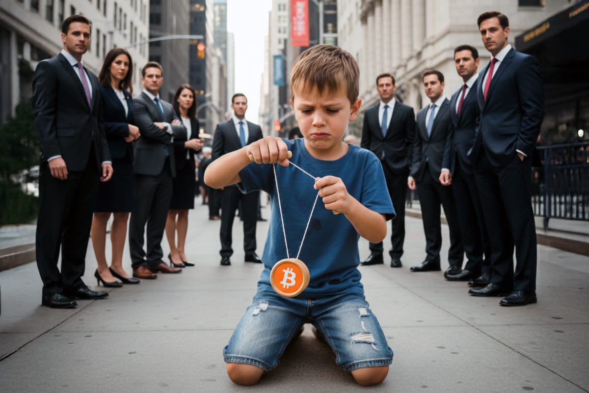 Crise financière crypto, garçon triste avec symbole bitcoin, conflit investissement cryptomonnaie, problématique réglementation crypto, tension marché crypto montrée par une communauté d'affaires, crise économique et crypto dollars, instabilité marché financier, enjeux et désillusions crypto monnaie.