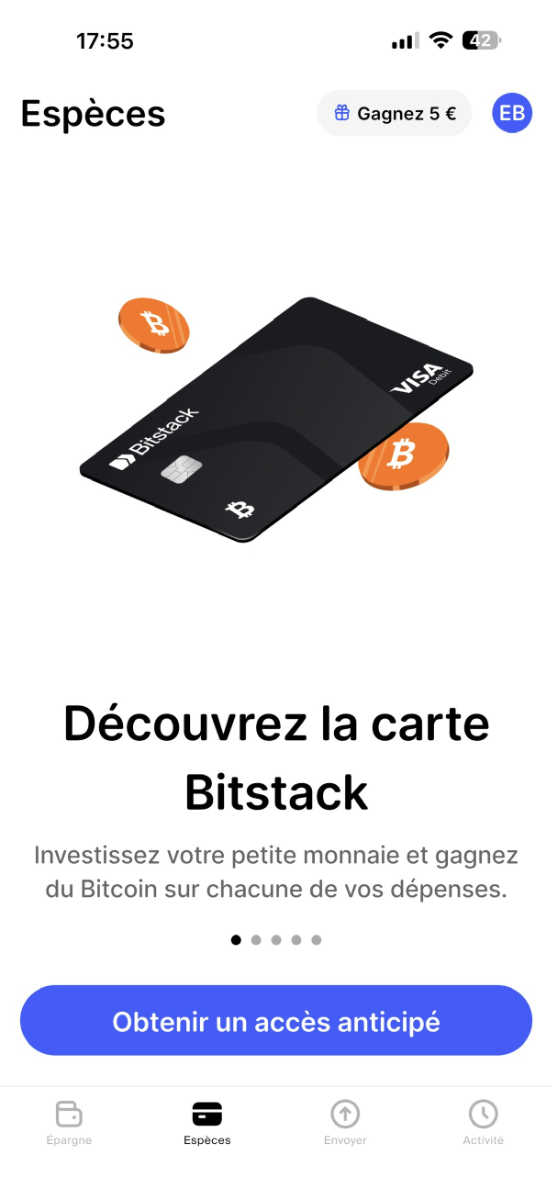 La dernière mise à jour de l'app mobile propose un accès anticipé à la nouvelle carte bancaire Bitstack