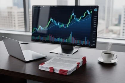Bureau financier avec écran affichant un graphique cryptomonnaie et document SEC en premier plan.
