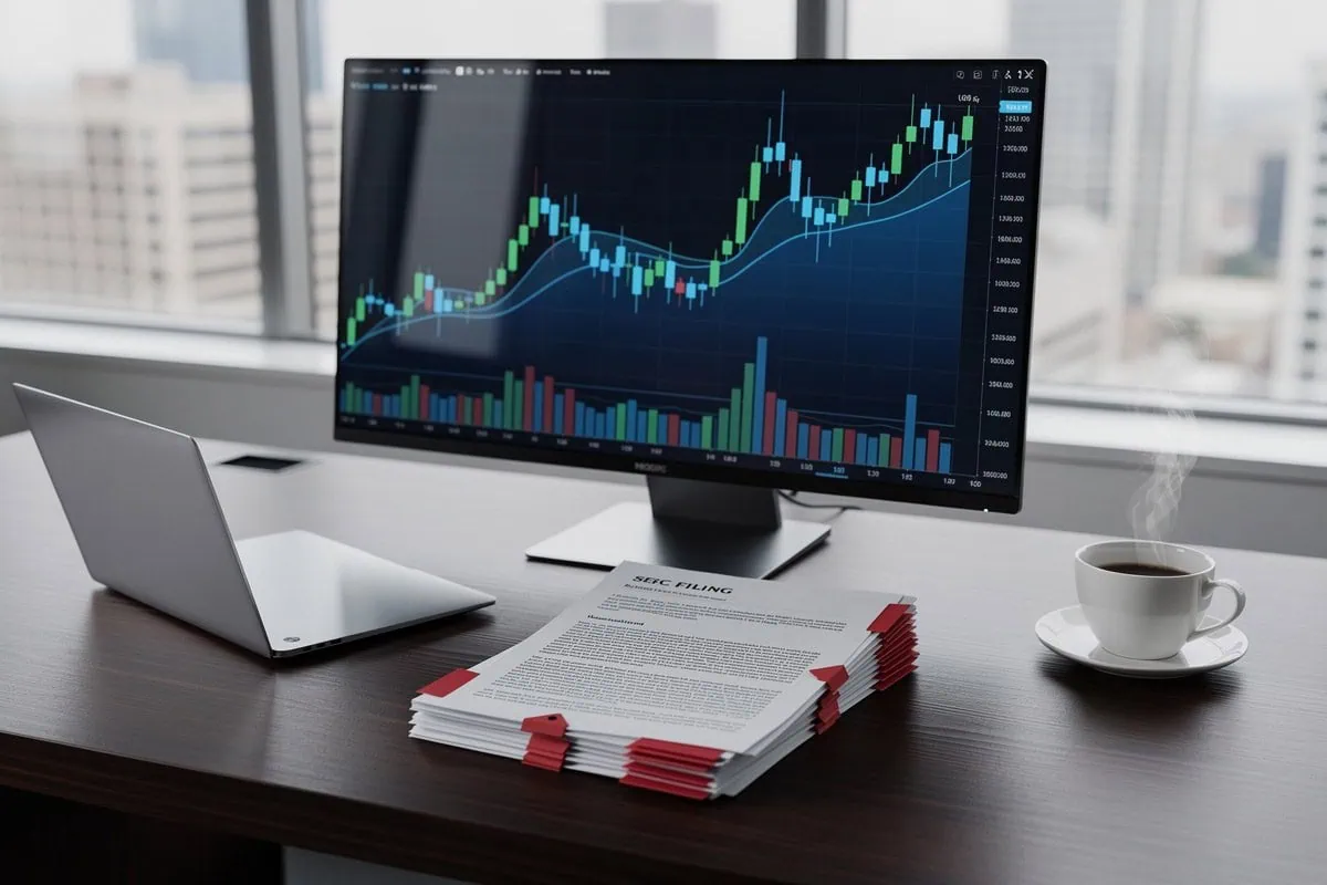 Bureau financier avec écran affichant un graphique cryptomonnaie et document SEC en premier plan.