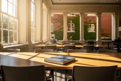 Salle de lecture d'une bibliothèque universitaire américaine, ambiance feutrée et architecture classique