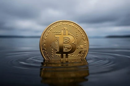 Pièce Bitcoin physique partiellement immergée dans une eau sombre et calme sous un ciel couvert.