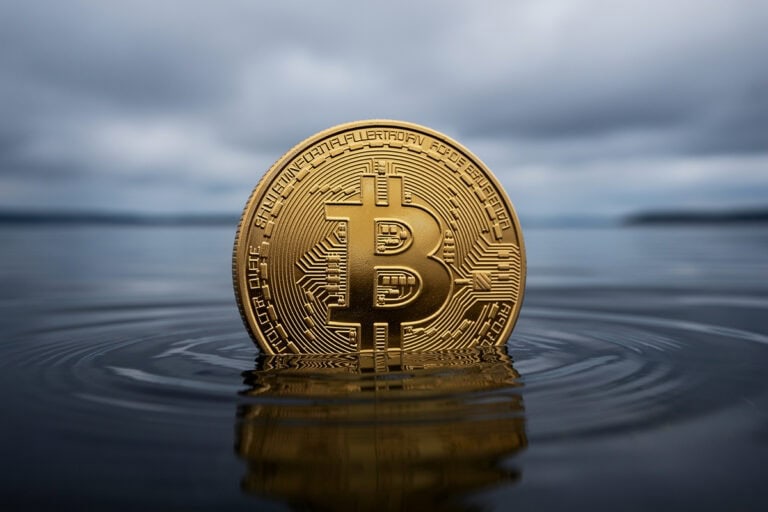 Pièce Bitcoin physique partiellement immergée dans une eau sombre et calme sous un ciel couvert.