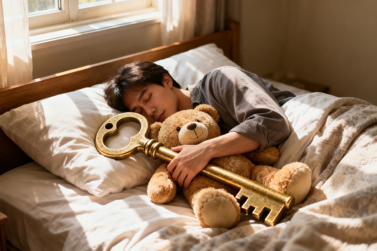 Une personne endormie serre une clé en laiton géante contre elle comme une peluche dans un lit ensoleillé