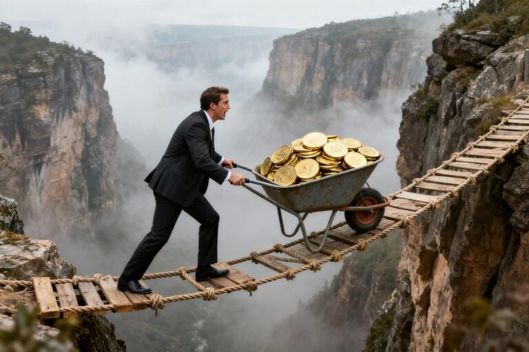 Homme en costume poussant une brouette remplie de pièces d'or sur un pont de corde au-dessus d'un canyon brumeux.