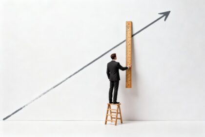 Homme en costume sur un escabeau mesurant avec une règle géante une grande flèche ascendante peinte sur un mur blanc.