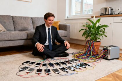 Homme en costume assis au sol, entouré d'une dizaine de smartphones reliés par des câbles à une plante et un grille-pain.