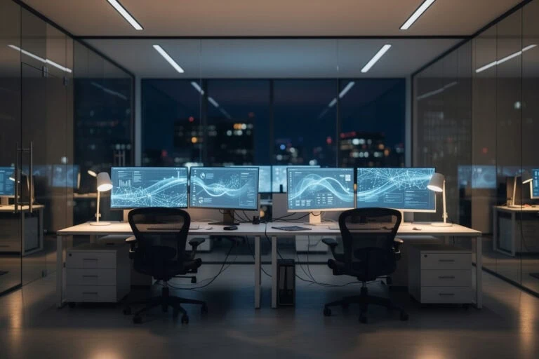 Bureau corporate moderne la nuit, écrans illuminés affichant des documents et patterns de données holographiques.