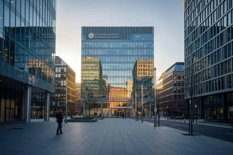 Façade en verre d'un immeuble institutionnel européen au lever du jour, lumière dorée et atmosphère feutrée