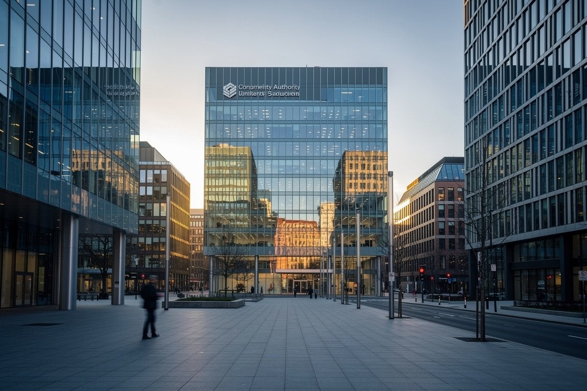 Façade en verre d'un immeuble institutionnel européen au lever du jour, lumière dorée et atmosphère feutrée
