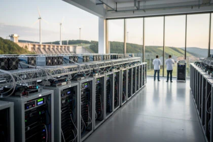 Salle de minage Bitcoin équipée d'ASIC alignés, baies vitrées donnant sur un barrage hydroélectrique et des éoliennes au loin.