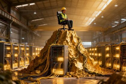 Un travailleur casqué assis sur une montagne de serveurs lumineux dans un entrepôt industriel.