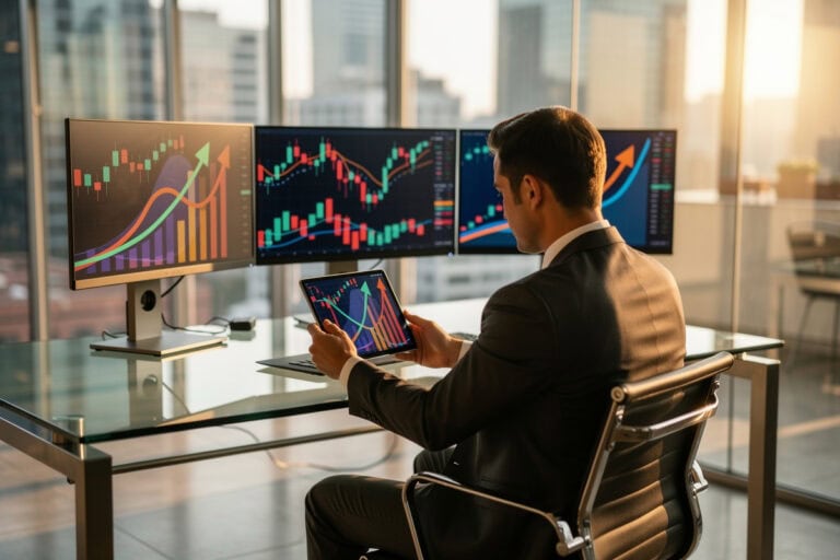 Bureau institutionnel financier, professionnel consultant une tablette devant des écrans de courbes de rendement et de marchés crypto en arrière-plan.