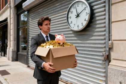Un homme en costume serre un carton rempli de pieces dorees devant un commerce au rideau baisse