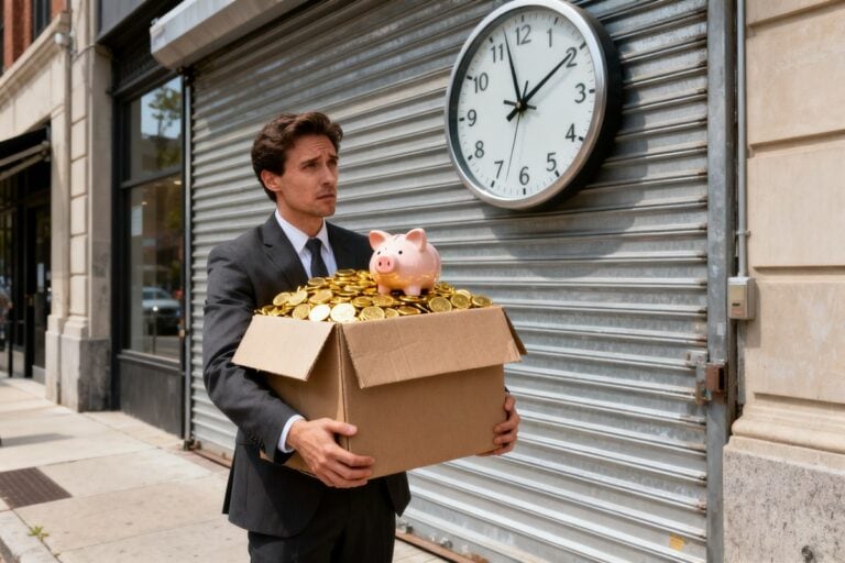 Un homme en costume serre un carton rempli de pieces dorees devant un commerce au rideau baisse