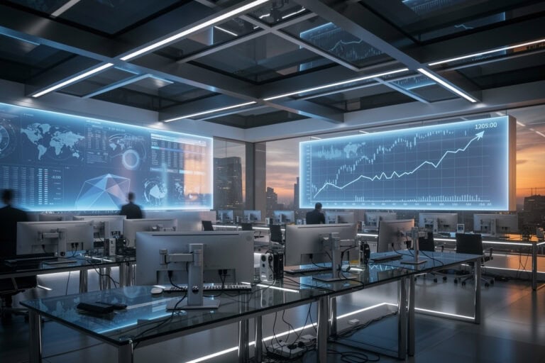 Salle de marchés moderne illustrant les projections boursières d'Amazon