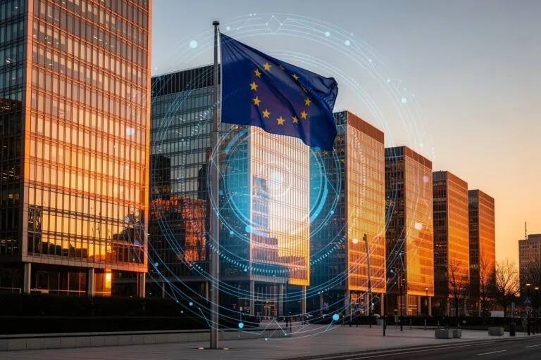 Quartier financier européen au coucher du soleil, façades vitrées modernes et drapeau de l'Union européenne au premier plan.
