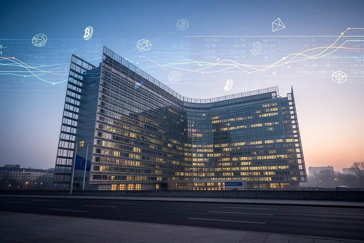 Façade du Berlaymont à Bruxelles au lever du jour, symboles financiers numériques en superposition
