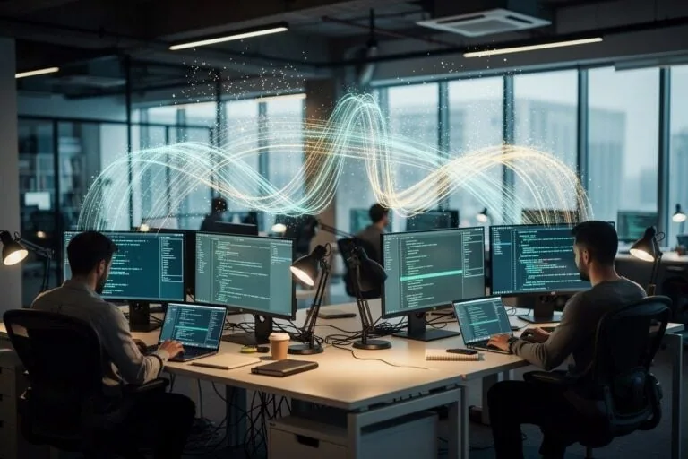 Développeurs au travail devant plusieurs écrans affichant du code, traces lumineuses suggérant des flux de données et de capitaux entre les postes.