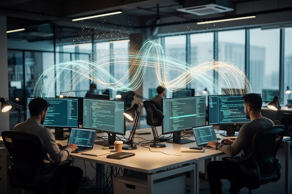 Développeurs au travail devant plusieurs écrans affichant du code, traces lumineuses suggérant des flux de données et de capitaux entre les postes.