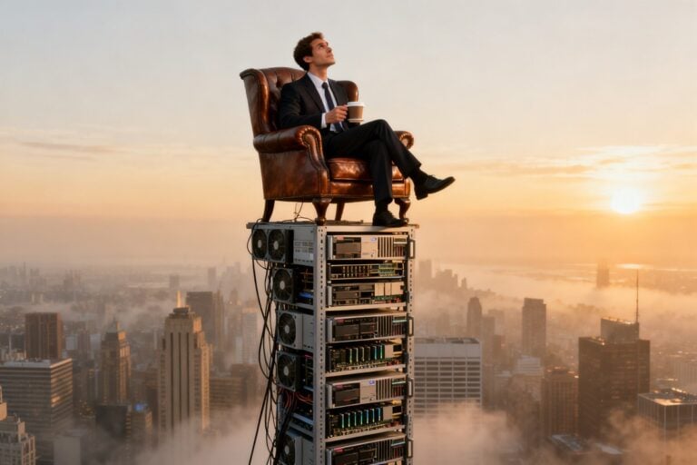 Une personne en costume assise dans un fauteuil perché au sommet d'une tour de serveurs informatiques, au-dessus d'une ville.