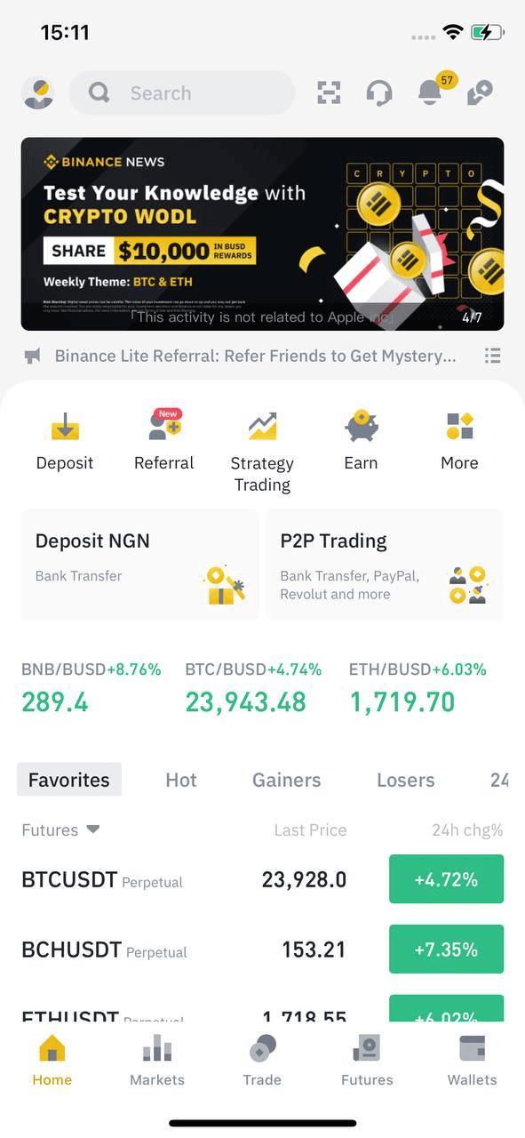 Écran d'accueil de l'application Binance avec l'entrée Strategy Trading dans le menu.