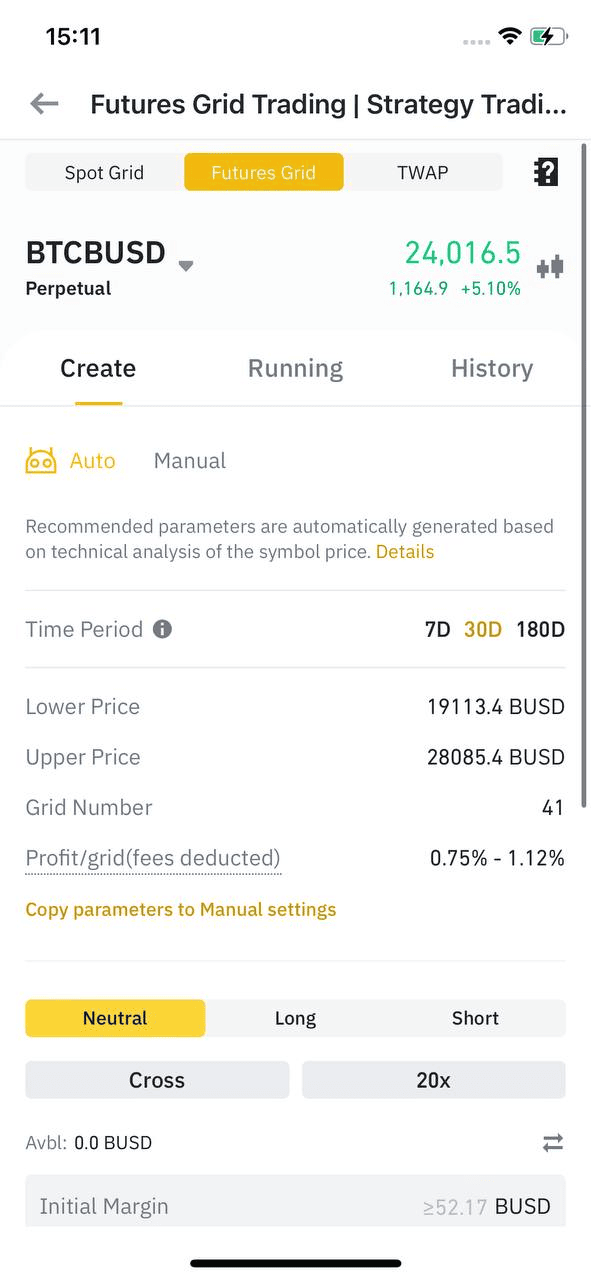 Écran de configuration d'une grille Futures sur l'application mobile Binance.