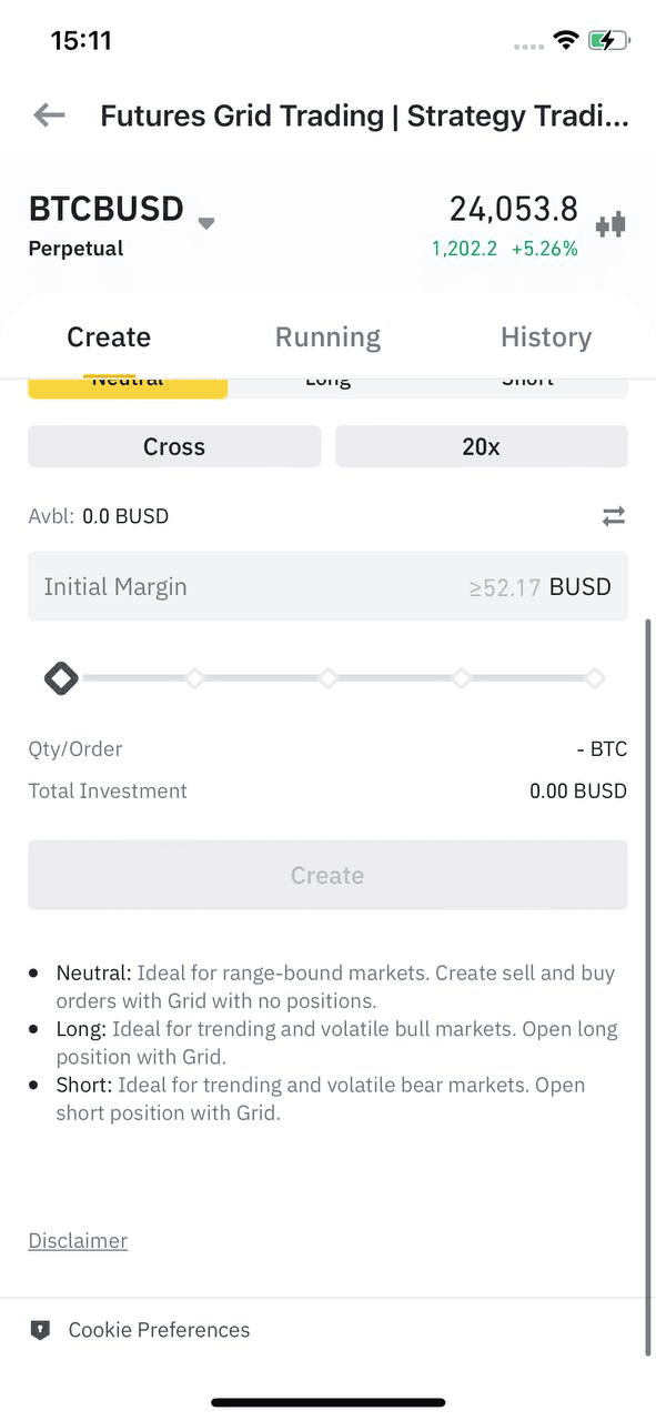 Écran de validation de la création d'une grille Futures sur Binance.
