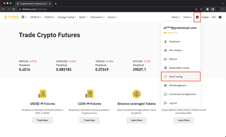 Accès au trading simulé depuis le menu Futures de l'application Binance.