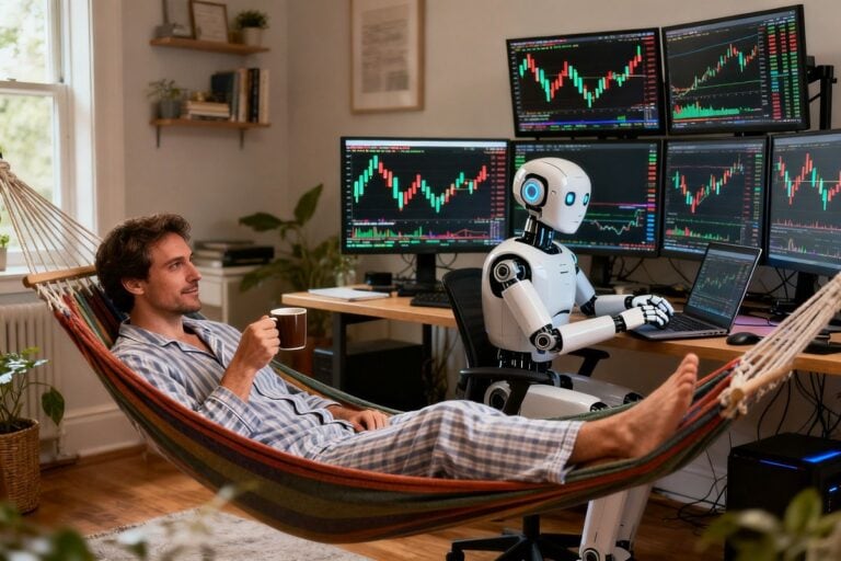 Homme en pyjama allongé dans un hamac avec un café pendant qu'un robot pilote des écrans de graphiques de trading.