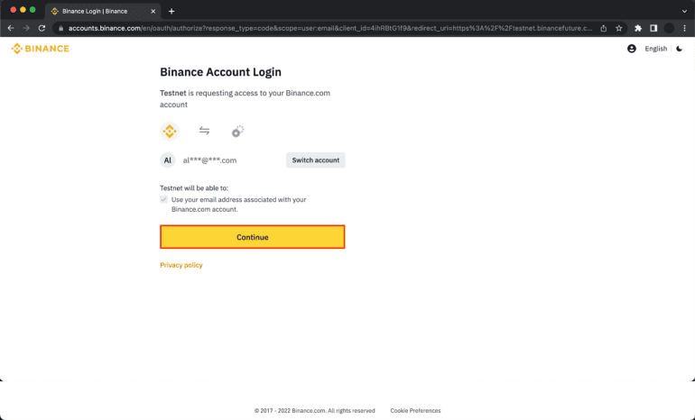 Écran d'autorisation d'accès au testnet de trading simulé de Binance.