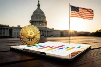 Capitole américain au coucher du soleil, pièce Bitcoin et tablette financière au premier plan.