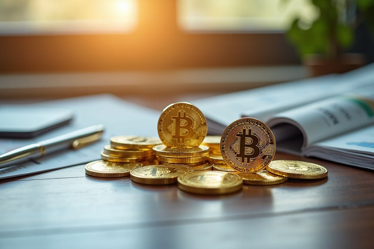 Pièces de Bitcoin dorées posées sur un bureau en bois à côté d'un journal financier et d'un stylo, lumière naturelle.