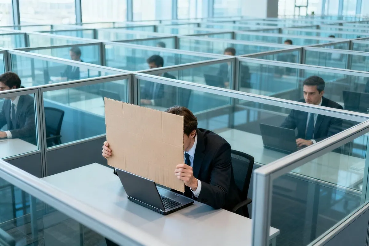 Un homme en costume cache l'écran de son ordinateur avec un carton dans un bureau aux cloisons entièrement vitrées.