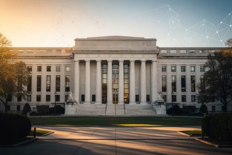 Façade de la Réserve fédérale américaine à Washington, lumière dorée de fin de journée.