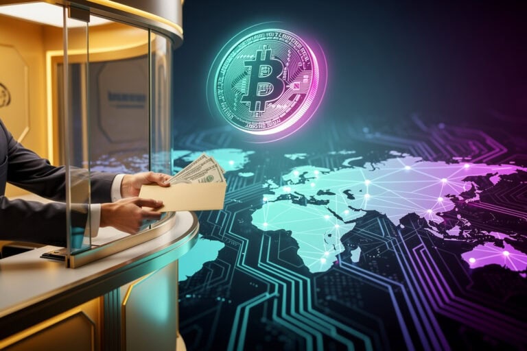 Scène éditoriale fusionnant guichet de transfert international classique et flux de paiement numérique aux couleurs Solana