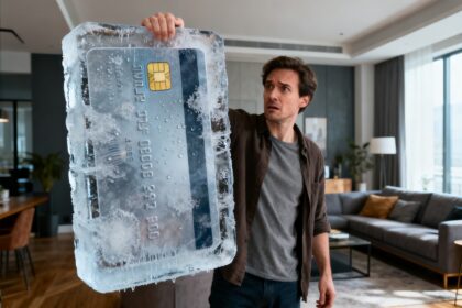 Un homme perplexe tient une grande carte bancaire emprisonnée dans un bloc de glace, dans son salon.