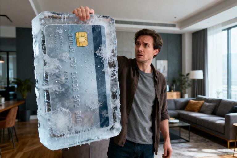 Un homme perplexe tient une grande carte bancaire emprisonnée dans un bloc de glace, dans son salon.